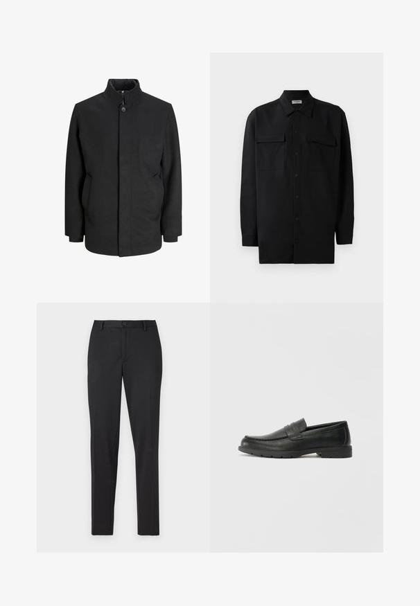 Casaco preto com gola alta, fecho frontal por botões, bolsos laterais e uma silhueta estruturada. Feito de um tecido liso e texturizado.; Camisa preta de botão, feita de um tecido suave, com golas clássicas, dois bolsos frontais e mangas longas com punhos abotoados.; Calças pretas ajustadas com um tecido suave, design de perna reta, fecho de botão único e bolsos discretos.; Sapatos mocassins de couro preto com acabamentos lisos, parte superior em estilo mocassins, detalhes em costura e sola de borracha. Design clássico com um salto baixo.