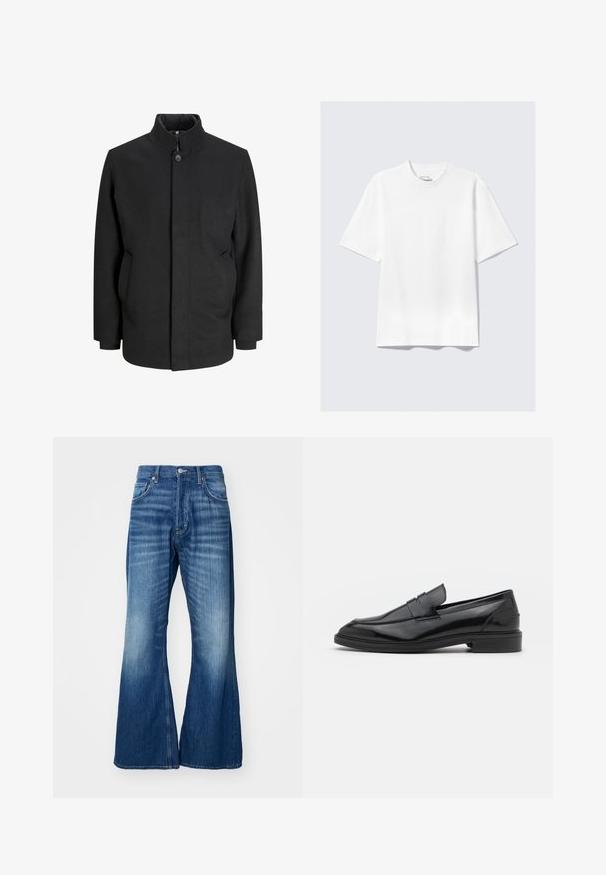 Zwarte jas met hoge kraag, sluiting met knopen aan de voorkant, zijzakken en een gestructureerde silhout. Gemaakt van een gladde, textuurstof.; Effen witte kortemouwen relaxte T-shirt plat neergelegd op een lichtgrijze achtergrond.; Weekday TIME LOOSE - Straight leg jeans - mine blue; Zwarte leren instappers met een gladde afwerking, voorzien van een ronde neus en een smalle band over de bovenkant. Lage gestapelde hak.