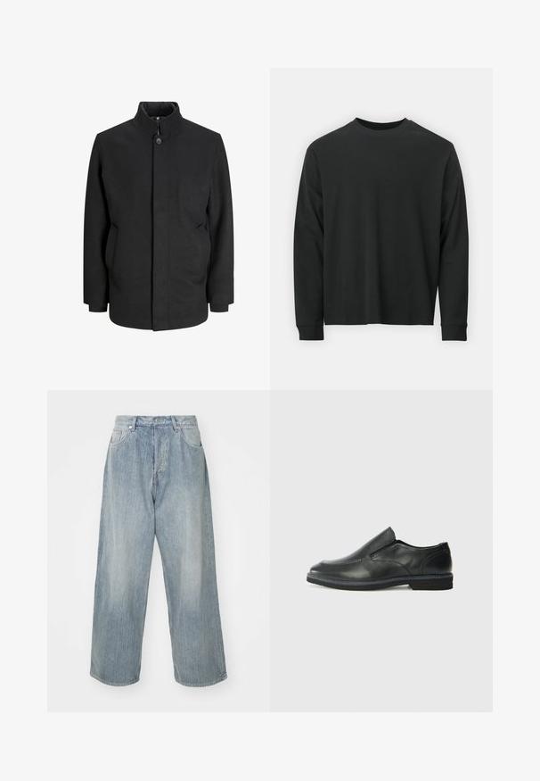 Zwarte jas met hoge kraag, sluiting met knopen aan de voorkant, zijzakken en een gestructureerde silhout. Gemaakt van een gladde, textuurstof.; Zwarte longsleeve T-shirt van katoen, met een ronde halslijn, een losse pasvorm en geribbelde boorden. Glad oppervlak zonder zichtbare patronen.; Lichtblauwe denim jeans met een losse pasvorm, hoge taille, vijf zakken en contrasterende stiksels. Heeft een rechte pijpdesign en schone zoom.; Zwarte leren instapper met een soepele bovenkant, gestikte accenten, ronde neus en een lage rubberen hak. De zool heeft minimale profiel.