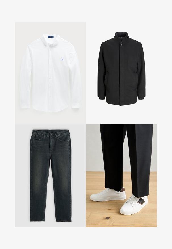 Svart frakk med høy krage, frontlukking med knapper, sidelommer og en strukturert silhuett. Laget av et jevnt, teksturert stoff.; Hvit langermet skjorte laget av bomull, med krage med knapper og en liten blå polo-logo på brystet. Glatt tekstur, klassisk passform.; Mørkeblå denimjeans med rette ben, med fem lommer, glidelås og kontraststing. Subtil fading på stoffet.; Hvite sneakers med glatt tekstur, med brune skinnakenter og svart detaljer, parret med svarte skreddersydde bukser. Bakgrunn med tregulv.