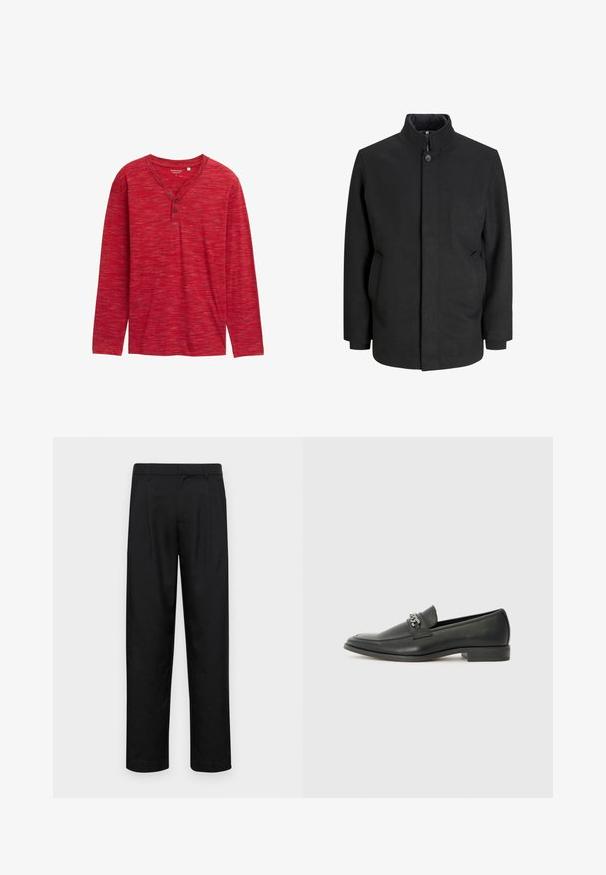 Schwarzer Mantel mit hohem Kragen, vorderem Knopfverschluss, Seitentaschen und strukturierter Silhouette. Hergestellt aus einem glatten, strukturierten Stoff.; Langärmliges rotes Henley-Shirt aus strukturiertem Stoff, mit V-Ausschnitt, drei Knöpfen und einer lockeren Passform mit gesäumten Säumen.; Schwarze Hose aus glattem Stoff, mit geradem Bein Design, zwei vorderen Falten und einem Standardbund mit Gürtelschlaufen.; Schwarzer Lederloafer mit glatter Oberfläche, ausgestattet mit einer gesteppten Gestaltung und einem dekorativen Metallkettendetail über dem Vorderblatt. Flacher Absatz.