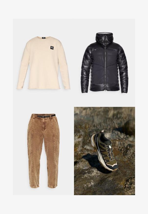 Chaleco acolchado negro con capucha, con mangas y parte superior del pecho satinadas, paneles frontales mate y cierre central de cremallera.; Suéter de punto beige de manga larga con cuello redondo y pequeño parche de logo negro en el lado izquierdo del pecho.; Pantalones de pana marrones con una superficie texturizada, que cuentan con un cinturón ajustable negro, bolsillos laterales y un corte relajado. Los pantalones se estrechan hacia los tobillos.; Zapato de senderismo en verde oliva y negro con toques de rosa. Cuenta con una parte superior texturizada, suela flexible, capuchón de punta reforzado y un sistema de cordones colorido.