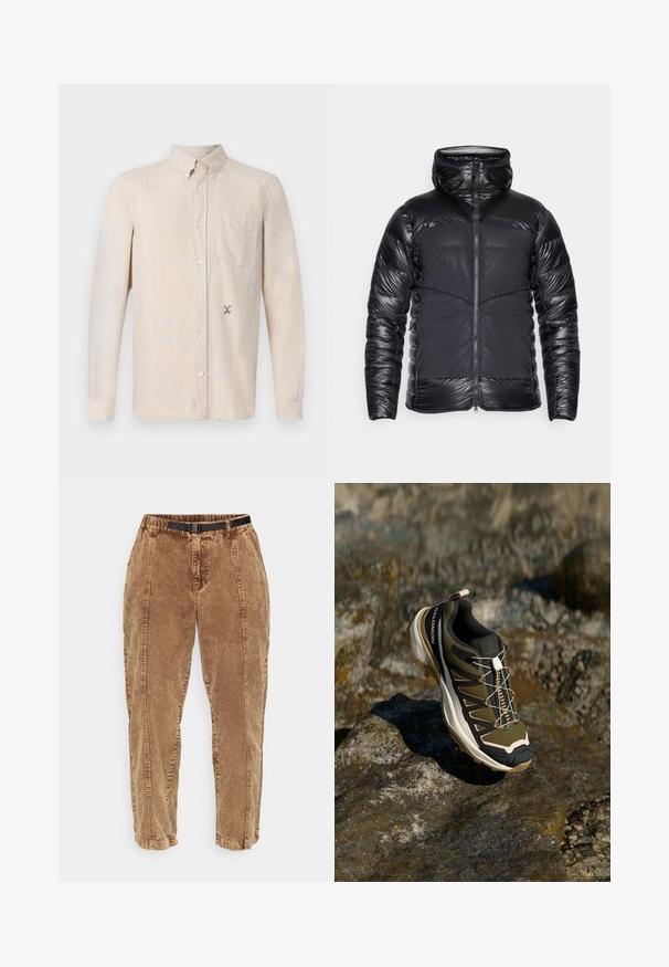 Giacca a vento nera con cappuccio, imbottita, con braccia e parte superiore del busto lucide, pannelli frontali opachi e chiusura centrale con cerniera.; Camicia a maniche lunghe color beige chiaro con colletto, apertura frontale con bottoni, taschino sul petto e un delicato ricamo sul lato sinistro.; Pantaloni di velluto a coste marroni con una superficie testurizzata, dotati di una cintura nera regolabile, tasche laterali e una vestibilità comoda. I pantaloni si stringono verso le caviglie.; Scarpe da escursionismo in verde oliva e nero con dettagli rosa. Presentano una parte superiore testurizzata, suola flessibile, puntale rinforzato e un vivace sistema di allacciatura.