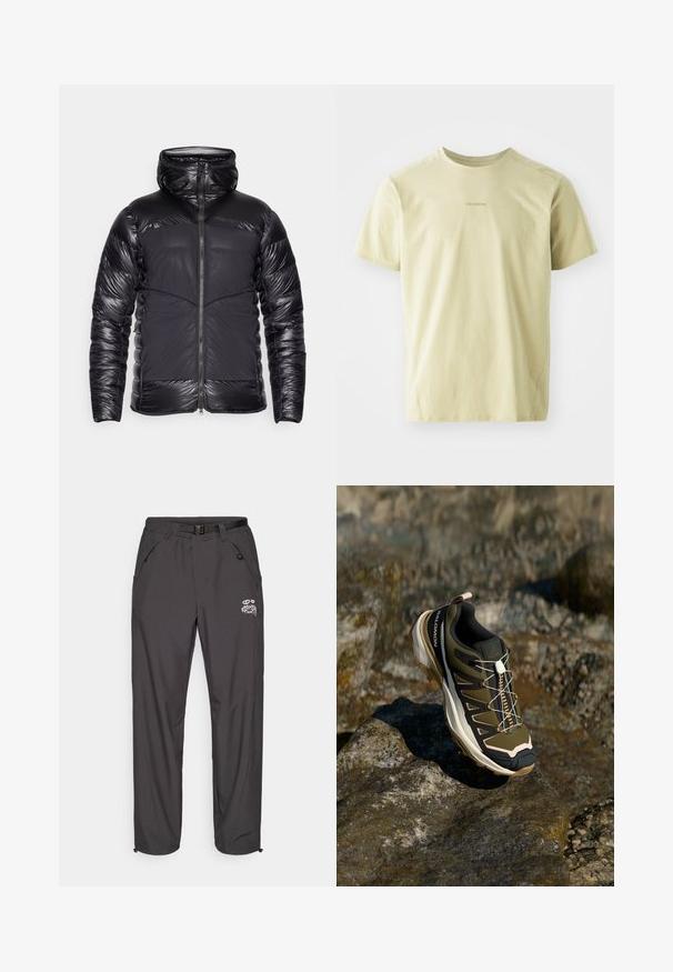 Czarna kurtka puchowa z kapturem, z błyszczącymi pikowanymi rękawami i górną częścią klatki piersiowej, matowymi panelami przednimi oraz centralnym zamkiem błyskawicznym.; Salomon - Koszulka sportowa; Czarne spodnie outdoorowe z lekkiego materiału, wyposażone w pasek, liczne kieszenie i logo. Prosty krój nogawek z elastycznym pasem.; Buty trekkingowe w oliwkowym zielonym i czarnym kolorze z różowymi akcentami. Posiadają teksturowaną górę, elastyczną podeszwę, wzmocniony czubek oraz kolorowy system sznurowania.