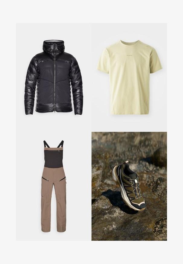 Musta huppupufferitakki, jossa on kiiltävät tilkkuhihares ja ylärintaosa, matta etupaneelit ja keskellä vetoketju.; Salomon TRACKLINE TEE - Tekninen t-paita - gray green; Ruskeat ja mustat ulkona käytettävät haalarihousut säädettävillä olkaimilla ja vetoketjullisilla taskuilla rinnassa ja reidessä.; Vaelluskengät oliivinvihreänä ja mustana, pinkeillä yksityiskohdilla. Ominaisuuksiin kuuluu teksturoitu yläosa, joustava pohja, vahvistettu varvasosa ja värikäs nauhoitusjärjestelmä.