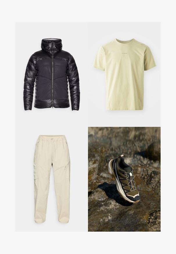 Black hooded puffer jacket with shiny quilted arms and upper chest, matte front panels, and central zipper closure.; Salomon TRACKLINE TEE - Sports T-shirt - gray green; Beige lightweight cargo pants with an elastic waistband, zippered side pockets, and a tapered leg design for a relaxed fit.; Hiking shoe in olive green and black with pink accents. Features a textured upper, flexible sole, reinforced toe cap, and colorful lacing system.