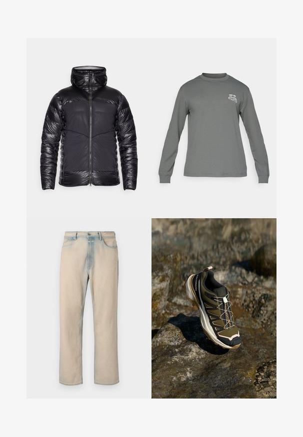 Črna puhovka s kapuco, z bleščečimi kviltanimi rokavi in zgornjim delom prsnega koša, mat sprednjimi paneli in središnjo zadrgo.; Srajca z dolgimi rokavi iz sive tkanine, z okroglim ovratnikom in belim grafičnim logotipom na levem prsnem delu. Gladka tekstura in preprost dizajn.; Svetlo bež denim hlače s ravnim krojem, zbledelim modrim poudarki, petimi žepi in gumbom za zapiranje v pasu.; Pohodni čevlji v olivno zeleni in črni barvi s poudarki v roza. Imajo teksturirano zgornji del, fleksibilno podplat, ojačan zaščitni del za prste in barvit sistem vezalk.