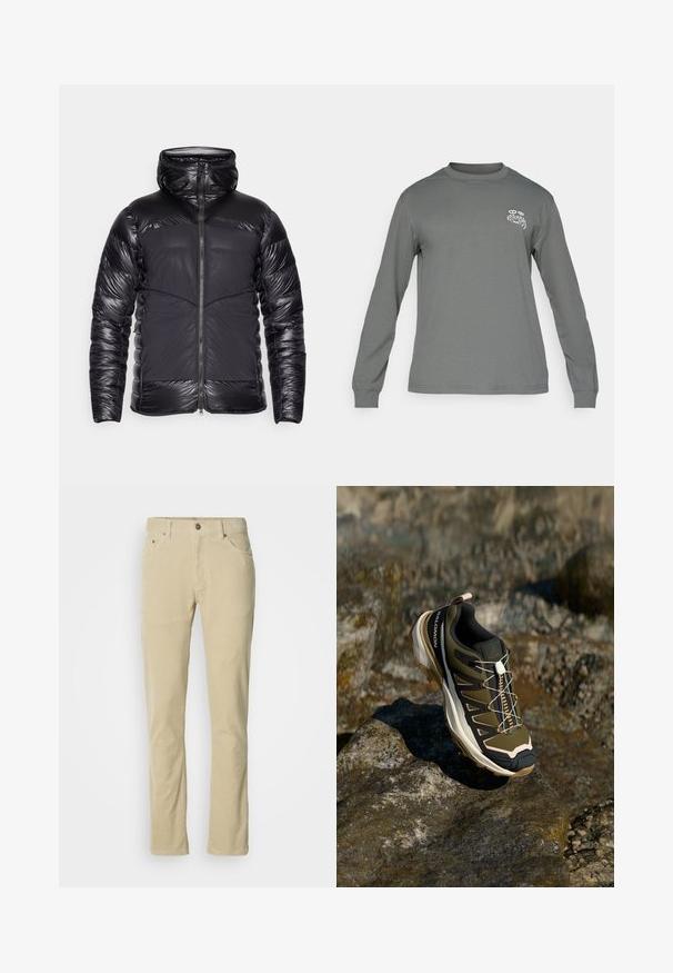 Črna puhovka s kapuco, z bleščečimi kviltanimi rokavi in zgornjim delom prsnega koša, mat sprednjimi paneli in središnjo zadrgo.; Srajca z dolgimi rokavi iz sive tkanine, z okroglim ovratnikom in belim grafičnim logotipom na levem prsnem delu. Gladka tekstura in preprost dizajn.; Bež hlače iz kordure s sprednjim gumbom, zadrgo, petimi žepi in ravnim krojem na enotnem belem ozadju.; Pohodni čevlji v olivno zeleni in črni barvi s poudarki v roza. Imajo teksturirano zgornji del, fleksibilno podplat, ojačan zaščitni del za prste in barvit sistem vezalk.