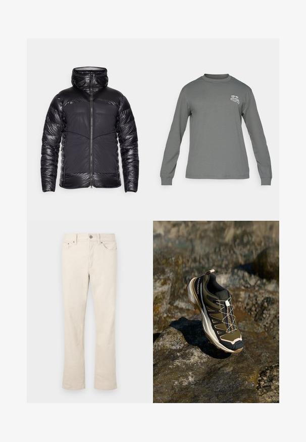Musta huppupufferitakki, jossa on kiiltävät tilkkuhihares ja ylärintaosa, matta etupaneelit ja keskellä vetoketju.; Pitkähihainen harmaa paita, jossa on pyöreä pääntie ja valkoinen graafinen logo vasemmassa rinnassa. Sujuva rakenne ja yksinkertainen muotoilu.; Beige, puuvillasekoiteesta valmistetut suorat lahkeet. Varustettu edessä nappi- ja vetoketjusuljennalla, viidellä taskulla ja hienovaraisilla ompeluyksityiskohdilla.; Vaelluskengät oliivinvihreänä ja mustana, pinkeillä yksityiskohdilla. Ominaisuuksiin kuuluu teksturoitu yläosa, joustava pohja, vahvistettu varvasosa ja värikäs nauhoitusjärjestelmä.