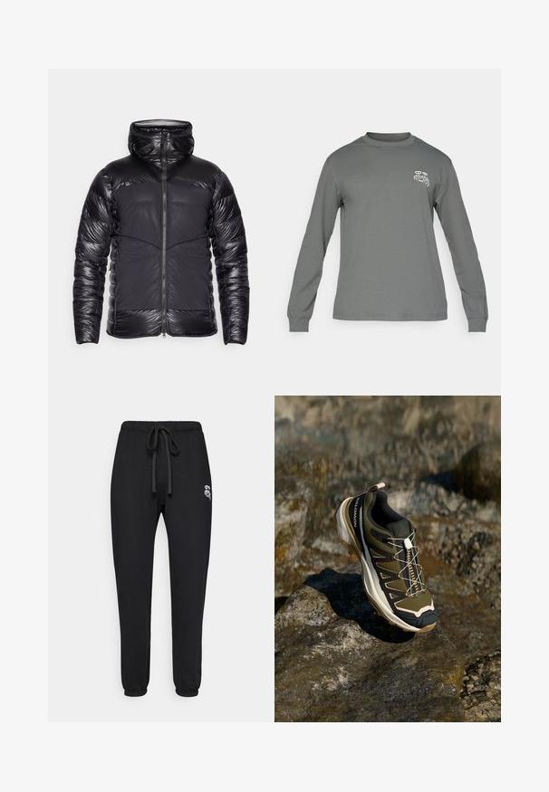 Black hooded puffer jacket with shiny quilted arms and upper chest, matte front panels, and central zipper closure.; Long-sleeve shirt in gray fabric, featuring a crew neck and a white graphic logo on the left chest. Smooth texture and simple design.; Black drawstring sweatpants with elastic cuffs and small white graphic logo on upper left thigh.; Hiking shoe in olive green and black with pink accents. Features a textured upper, flexible sole, reinforced toe cap, and colorful lacing system.