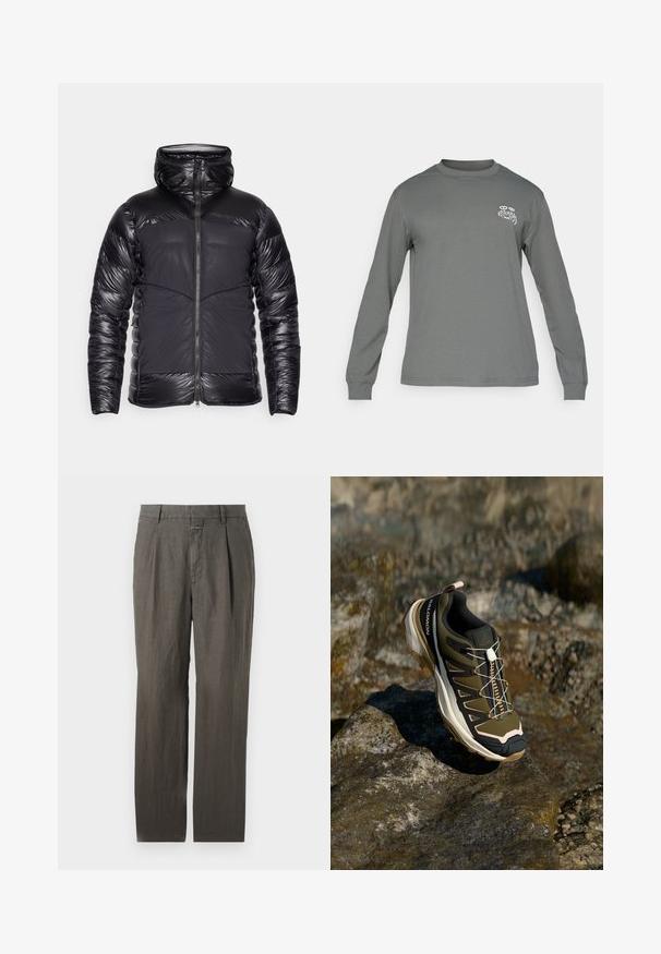 Casaco puffer preto com capuz, com mangas e parte superior do peito em acolchoado brilhante, painéis frontais mates e fecho central com zíper.; Camisa de mangas longas em tecido cinza, com um decote redondo e um logo gráfico branco no lado esquerdo do peito. Textura suave e design simples.; Calças de linho cinzentas com um design de perna reta, apresentando pregas frontais e um cós com um fecho de botão discreto. Textura suave.; Calçado de caminhada em verde-oliva e preto com detalhes em rosa. Apresenta um cabedal texturizado, sola flexível, ponta reforçada e um sistema de atacadores coloridos.