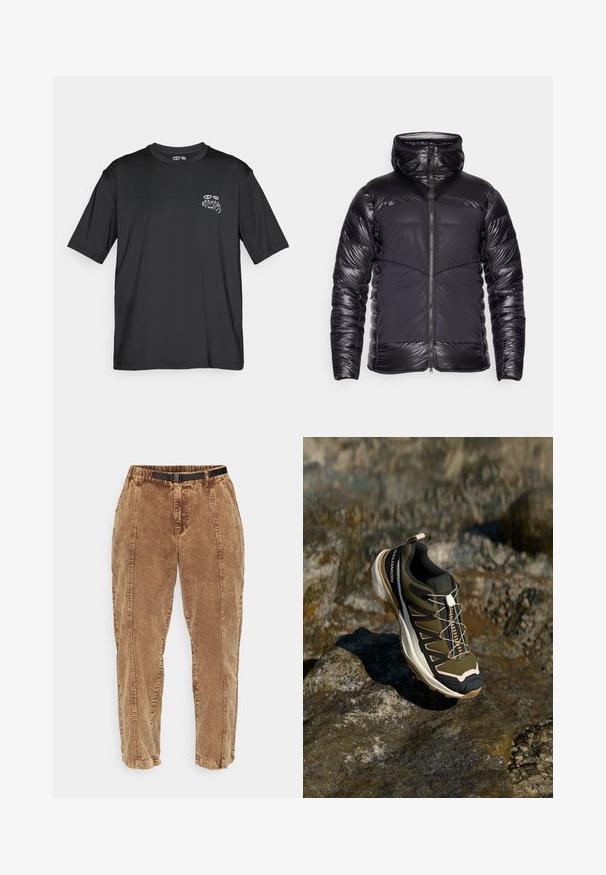 Black hooded puffer jacket with shiny quilted arms and upper chest, matte front panels, and central zipper closure.; Black short-sleeve athletic t-shirt with small perforations on sides and “KARMA” text and eye graphic on left chest.; Brown corduroy pants with a textured surface, featuring a black adjustable belt, side pockets, and a relaxed fit. Pants taper toward the ankles.; Hiking shoe in olive green and black with pink accents. Features a textured upper, flexible sole, reinforced toe cap, and colorful lacing system.