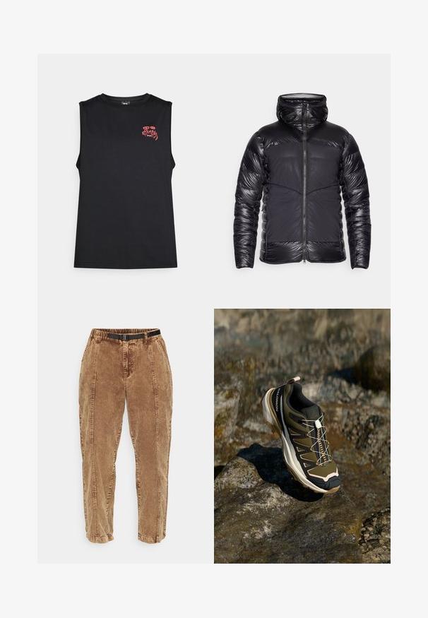 Schwarze Kapuzen-Pufferjacke mit glänzenden, gesteppten Ärmeln und Oberkörper, matten Vorderpanelen und mittigem Reißverschluss.; Schwarzes ärmelloses Tanktop mit rot stilisiertem "Karma"-Text und abstraktem Augengrafik auf der oberen linken Brust.; Braune Cordhosen mit einer strukturierten Oberfläche, ausgestattet mit einem schwarzen verstellbaren Gürtel, Seitentaschen und einer lässigen Passform. Die Hosen laufen zu den Knöcheln hin zusammen.; Wanderschuh in Olivgrün und Schwarz mit pinken Akzenten. Verfügt über ein strukturiertes Obermaterial, eine flexible Sohle, eine verstärkte Zehenkappe und ein farbenfrohes Schnürsystem.