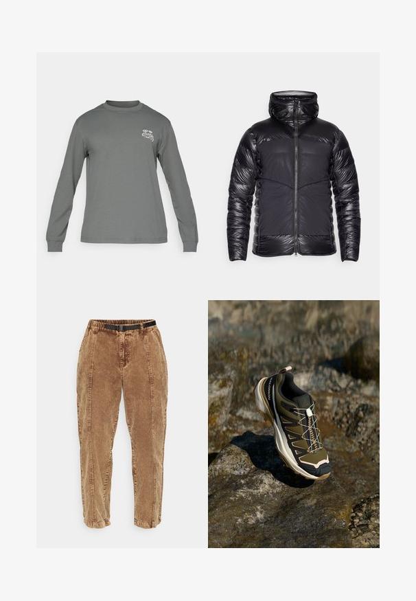 Zwarte gewatteerde donsjack met een glanzende, gequiltte armen en bovenste borst, matte voorpanelen en een centrale ritssluiting.; Grijze langemouwen shirt van stof, met een ronde hals en een wit grafisch logo op de linker borst. Soepele textuur en eenvoudig ontwerp.; Bruine corduroy broek met een gestructureerd oppervlak, voorzien van een zwarte verstelbare riem, zijzakken en een relaxed fit. De broek tapert naar de enkels toe.; Wandelshoe in olijfgroen en zwart met roze accenten. Beschikt over een gestructureerd bovenwerk, flexibele zool, versterkte neuzen, en een kleurrijk vetersysteem.