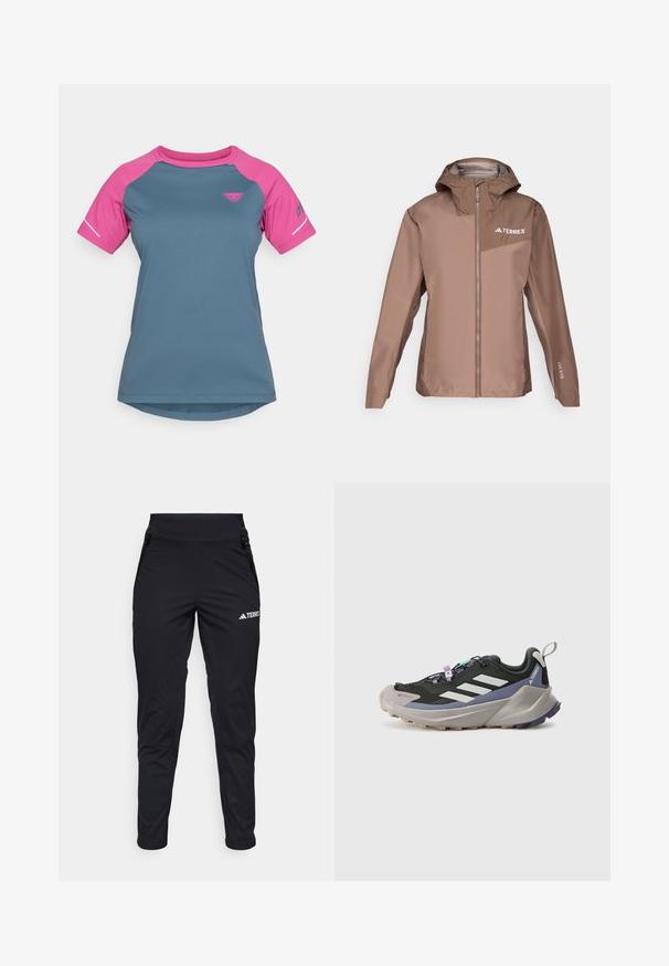 adidas Terrex RAIN - Vízálló dzseki - trace brown/earth strata; Rövid ujjú sportpóló, amely teal színű testtel és rózsaszín raglán ujjal rendelkezik. Könnyű anyagból készült, kerek nyakkivágással.; Fekete sportnadrág sima anyagból, testhezálló fazonnal, cipzáras zsebekkel és texturált alsó résszel. Az elején logó nyomtatva.; Fekete sportcipő Gore-Tex felsőrésszel, fehér csíkokkal, lila részletekkel, vastag szürke középtalppal és textúrált szürke talppal a tapadásért.