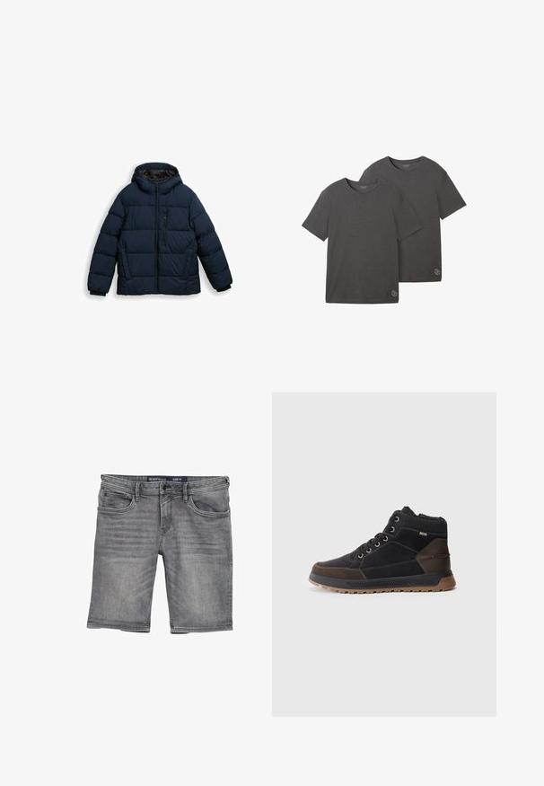Navy blue puffer jacket with a zip closure, hood, and quilted design. Features elastic cuffs and a zippered pocket on the front.; Kaksi lyhythihaista t-paitaa hiilenharmaana, pehmeästä puuvillasekoitteesta valmistettuja, joissa on pyöreä pääntie ja pieni logoyksityiskohta helmasssa.; Harmaat farkkushortsit suoran leikkauksen omaavina, joissa on viisi taskua, nappi- ja vetoketjukiinnitys sekä vaaleaa kulumista kankaassa. Koko M.; Miestne vysoké tenisky v čiernej a hnedej farbe. Vyrobené z kože a syntetických materiálov, s textúrovaným golierom, šnúrkami a gumovou podrážkou.