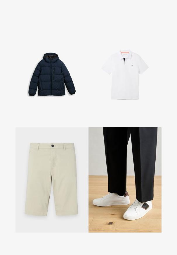 Tumedat sinise värvusega puhujakk, millel on tõmbluku sulgemine, kapuuts ja õmmeldud disain. Elastsed varrukad ja tõmblukuga tasku ees.; Valge polosärk musta kaelusega, millel on oranž ääreline, lühikesed varrukad ja väike logo rinnal. Valmistatud hingavast puuvillasegistusest.; Kerge puuvillase segu, beežid lühikesed püksid, millel on lame esiosa, vööde, nupuga kinnitamine ning põlve pikkune lõige.; Valged sneakersid siledat tekstuurist, millel on pruunad nahast detailid ja mustad aksessuaarid, millele on sobitatud mustad kohandatud püksid. Puitpõranda taust.