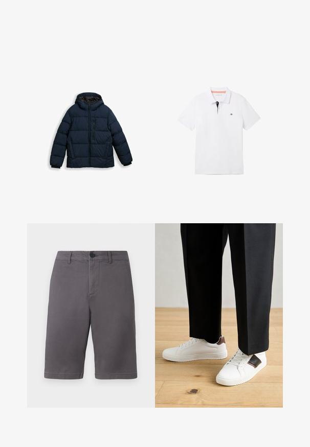 Tumedat sinise värvusega puhujakk, millel on tõmbluku sulgemine, kapuuts ja õmmeldud disain. Elastsed varrukad ja tõmblukuga tasku ees.; Valge polosärk musta kaelusega, millel on oranž ääreline, lühikesed varrukad ja väike logo rinnal. Valmistatud hingavast puuvillasegistusest.; Hallid hallid lühikesed püksid, mis on valmistatud puuvilla segakangast, millel on nööpidega sulgemine, küljetaskud ja puhas, sirge lõige.; Valged sneakersid siledat tekstuurist, millel on pruunad nahast detailid ja mustad aksessuaarid, millele on sobitatud mustad kohandatud püksid. Puitpõranda taust.