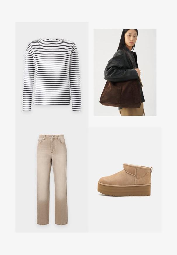 Giacca in pelliccia sintetica con motivo maculato in crema, marrone e nero. Presenta un colletto a pistagna e chiusura frontale con zip.; Maglione color crema chiaro con maniche lunghe, scollo rotondo e orlo a coste. Realizzato in un materiale morbido, con una texture liscia.; Camicia bianca a maniche lunghe con righe orizzontali blu navy. Presenta un collo rotondo e un orlo dritto. Realizzata in materiale di cotone leggero.; Jeans in denim beige con un effetto leggermente sbiadito, design a gamba dritta, stile a cinque tasche e chiusura con bottone metallico in vita.; Stivaletti alla caviglia in suede beige con un interno morbido, dotati di suola platform e di una linguetta sul retro per una facile indossabilità. Suola in gomma texturizzata.; Borsa tote in suede marrone con forma ampia e texture morbida, caratterizzata da una strap singola e hardware minimale su uno sfondo neutro.