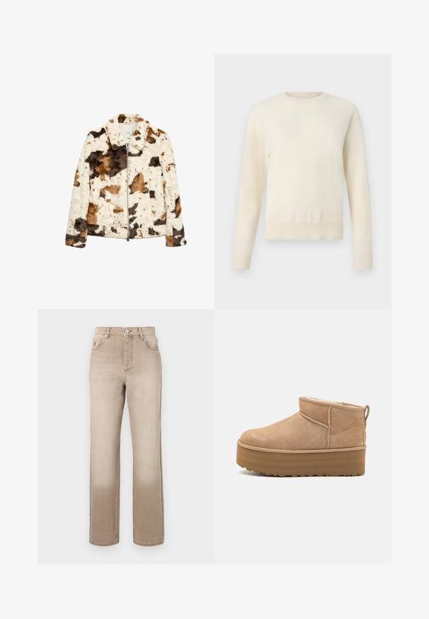 Chaqueta de piel sintética con un patrón de manchas de vaca en crema, marrón y negro. Cuenta con un collar con muesca y cierre frontal de cremallera.; Suéter de color crema claro con mangas largas, cuello redondo y dobladillo de canalé. Fabricado con un material suave, presenta una textura lisa.; Jeans de mezclilla beige con un efecto ligeramente desgastado, diseño de pierna recta, estilo de cinco bolsillos y cierre de botón metálico en la cintura.; Botas de tobillo de ante beige con un interior suave, que cuentan con una suela tipo plataforma y una lengüeta en la parte posterior para ponérselas fácilmente. Suela de goma texturizada.