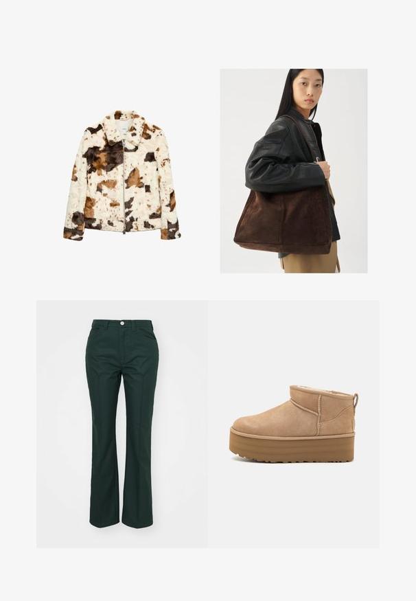 Falešná kožešinová bunda s krávím vzorem v krémové, hnědé a černé barvě. Obsahuje klopu a přední zip.; Světle krémový svetr s dlouhými rukávy, kulatým výstřihem a žebrovaným lemem. Vyroben z měkkého materiálu, s hladkou texturou.; Zelené rozšířené kalhoty vyrobené z hladkého, strukturového materiálu. Mají zapínání na přední knoflík, poutka na opasek a dvě boční kapsy.; Béžové semišové kotníkové boty s plyšovým interiérem, které mají platformovou podrážku a poutko na zadní straně pro snadné obutí. Texturovaná gumová podrážka.; Hnědá semišová taška přes rameno s širokým tvarem a měkkou texturou, s jedním popruhem a minimálním kovovým doplňkem na neutrálním pozadí.