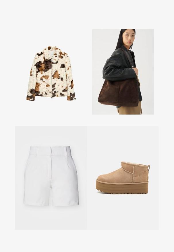 Fuskpälsjacka med ett mönster av koskinn i kräm, brunt och svart. Har en flikkrage och framfickor med dragkedja.; Ljuskrämsfärgad tröja med långa ärmar, rund halsringning och ribbad kant. Tillverkad av ett mjukt material med en slät yta.; Vita shorts med skräddarsydd design, som har en platt front, sidofickor och en ren, jämn tygtextur.; Beiga mockaskängor till anklarna med en mjuk inredning, med en plattformssula och en dragsko baktill för enkel påtagning. Mönstrad gummisula.; Brun bälte av mocka med en bred form och mjuk textur, som har ett enda handtag och minimal hårdvara mot en neutral bakgrund.