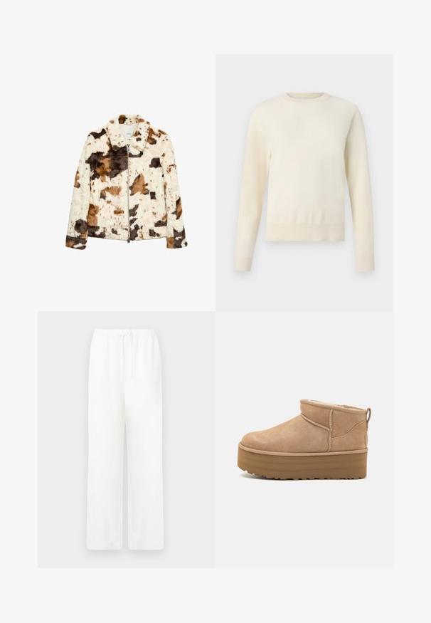 Faux fur jakke med et cowprint mønster i creme, brunt og sort. Har en fast krave og frontlynlås.; Lys cremefarvet sweater med lange ærmer, rund halsudskæring og ribbenet kant. Lavet af et blødt materiale med en glat tekstur.; Hvide, brede bukser lavet af letvægtsstof med elastisk talje og snorelukning. Glat overflade, ingen synlige mønstre eller hardware.; Beige ruskinds ankelstøvler med et blødt indre, der har en platformssål og en strop bagpå for nem påtagning. Tekstureret gummisål.