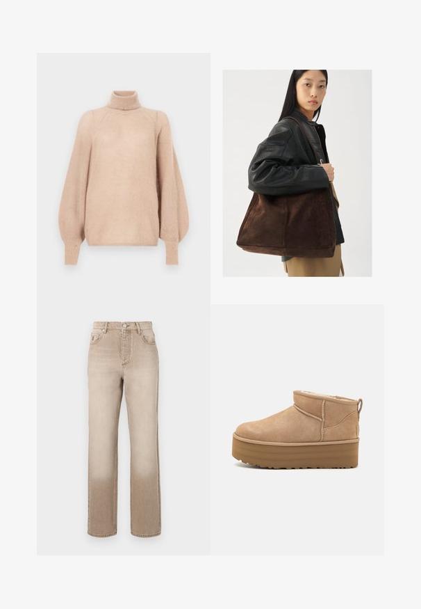 Fuskpälsjacka med ett mönster av koskinn i kräm, brunt och svart. Har en flikkrage och framfickor med dragkedja.; Ljusrosa, oversized tröja gjord av mjukt, texturerat material. Har en hög hals och långa puffärmar med åtsittande muddar.; Beigefärgade denimjeans med en lätt urtvättad effekt, rak ben-design, femficksstil och metallknappslutning i midjan.; Beiga mockaskängor till anklarna med en mjuk inredning, med en plattformssula och en dragsko baktill för enkel påtagning. Mönstrad gummisula.; Brun bälte av mocka med en bred form och mjuk textur, som har ett enda handtag och minimal hårdvara mot en neutral bakgrund.