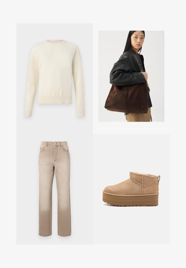 Nepbonten jas met een koeienprint in crème, bruin en zwart. Heeft een geknipte kraag en een ritssluiting aan de voorkant.; Licht crèmekleurige trui met lange mouwen, ronde halslijn en ribgebreide zoom. Gemaakt van een zacht materiaal en heeft een gladde textuur.; Beige denim jeans met een licht vervaagd effect, rechte pijpdesign, vijf-pocket stijl en een metalen knoopsluiting aan de taille.; Beige suède enkellaarsjes met een pluche binnenvoering, voorzien van een plateauzool en een trekhaak aan de achterkant voor gemakkelijk aantrekken. Gemêleerde rubberen zool.; Bruine suède tote bag met een brede vorm en zachte textuur, voorzien van een enkele schouderband en minimale hardware tegen een neutrale achtergrond.