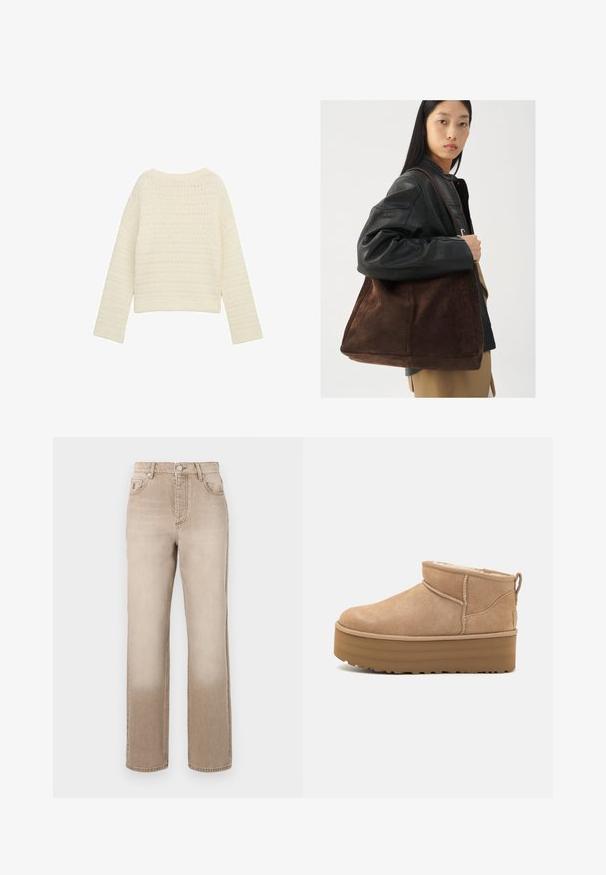 Faux-Felljacke mit einem Kuhmuster in Creme, Braun und Schwarz. Verfügt über einen abgesetzten Kragen und einen Frontreißverschluss.; Cremefarbenes, gestricktes Sweatshirt mit lockerem Schnitt, geripptem Rundhalsausschnitt und langen Ärmeln. Strukturmuster über das ganze Kleidungsstück mit verkürzter Länge.; Beige Denim-Jeans mit einem leicht ausgeblichenen Effekt, geradem Bein-Design, Fünf-Taschen-Stil und einem Metallknopfverschluss an der Taille.; Beige Wildleder-Ankle Boots mit einem weichen Innenfutter, ausgestattet mit einer Plateausohle und einer Zuglasche hinten für einen einfachen Einstieg. Strukturiertes Gummiprofil.; Braune Wildleder-Tasche mit breiter Form und weicher Textur, ausgestattet mit einem einzigen Tragegurt und minimalem Zubehör vor einem neutralen Hintergrund.