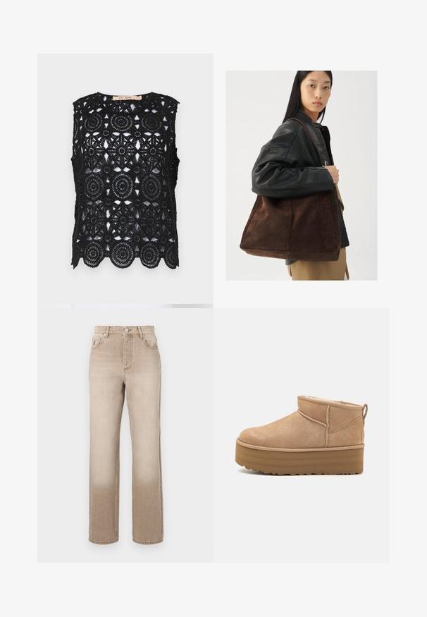 Falešná kožešinová bunda s krávím vzorem v krémové, hnědé a černé barvě. Obsahuje klopu a přední zip.; Černý top bez rukávů s propracovaným krajkovým vzorem zháčkovaných kruhů a hvězd, s okrajem ve tvaru vlnky, kulatým výstřihem a bez podšívky.; Béžové džíny z denimu s mírně vybledlým efektem, rovný střih, pět kapes a kovové zapínání na knoflík v pase.; Béžové semišové kotníkové boty s plyšovým interiérem, které mají platformovou podrážku a poutko na zadní straně pro snadné obutí. Texturovaná gumová podrážka.; Hnědá semišová taška přes rameno s širokým tvarem a měkkou texturou, s jedním popruhem a minimálním kovovým doplňkem na neutrálním pozadí.