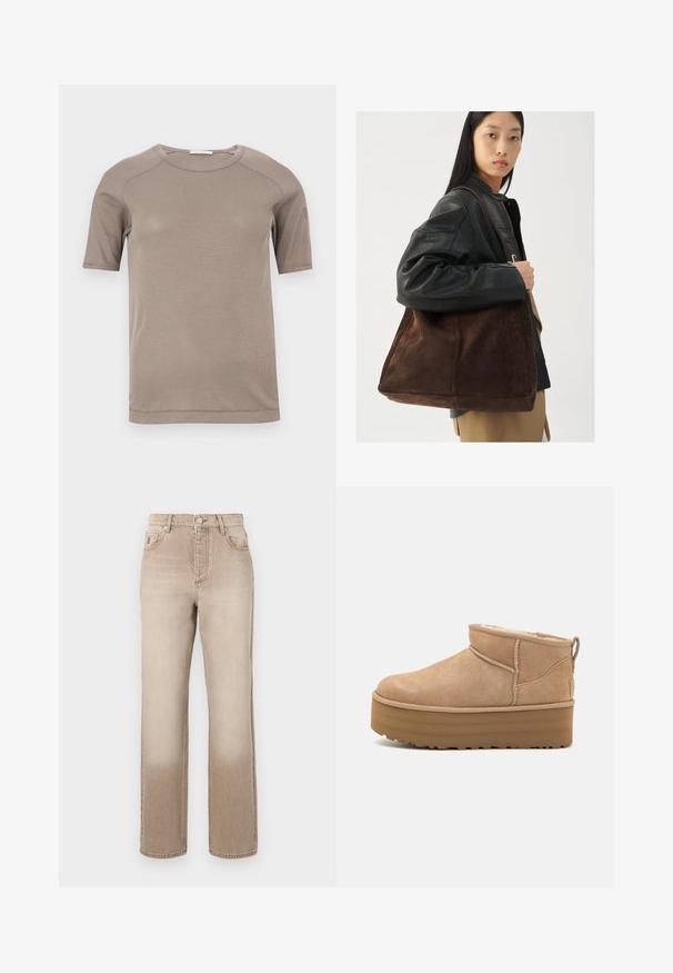 Faux fur jakke med et cowprint mønster i creme, brunt og sort. Har en fast krave og frontlynlås.; Beige ribstrikket T-shirt med korte ærmer og rund hals, med synlige syninger ved ærmer og halsudskæring, lagt fladt på en hvid baggrund.; Beige denim jeans med en let falmet effekt, lige ben design, fem-lomme stil og en metal knaplukning i taljen.; Beige ruskinds ankelstøvler med et blødt indre, der har en platformssål og en strop bagpå for nem påtagning. Tekstureret gummisål.; Brun ruskind tote taske med en bred form og blød tekstur, der har en enkelt strop og minimal hardware mod en neutral baggrund.