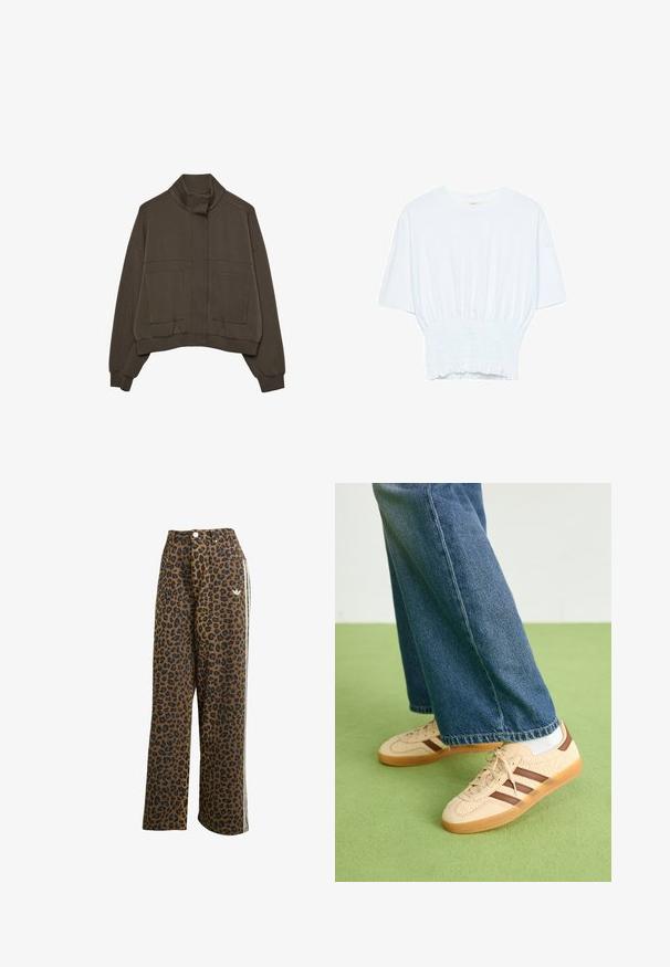 Dunkelbraune, kurz geschnittene Jacke mit hohem Kragen, Frontreißverschluss, der von einer Klappe verdeckt ist, zwei großen aufgesetzten Fronttaschen und Rippbündchen.; Weißes T-Shirt mit kurzen Ärmeln, lockerer Passform und gerafftem Stoff an der Taille. Aus weichem, leichtem Material gefertigt.; Leopardenmuster breite Hosen in Braun mit schwarzen Flecken, mit hoher Taille und weißen Seitenstreifen, aus Baumwollstoff gefertigt.; Beige Sneakers mit strukturierten cremefarbenen Paneelen und braunen Streifen, kombiniert mit blauen Jeans. Die Jeans haben einen weiten Beinschnitt und einen fransigen Saum.