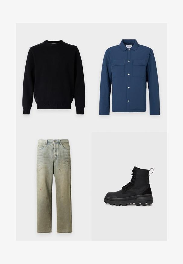 Tamsiai mėlyna striukė, pagaminta iš tekstūruotos medžiagos, su mygtukų užsegimu, dviem krūtinės kišenėmis ir apykakle. Su sidabriniais snap mygtukais.; Juodas megztinis su apvaliu kaklu, su raštuotomis rankogaliais ir apatine dalimi. Yra šoninės skardos ir mažas logotipas ant rankovės.; Šviesiai žaliai nuvarytos džinsinės kelnes, su tiesiomis kojomis, penkių kišenių dizainu, nelygiai blukščiantis ir su dažų lašeliais.; Juodi aulinukai iki kulkšnies su tekstūruota medžiaga, guma pagrindu ir ryškiais protektoriais. Ypatybės apima sustiprintas akių kilpas ir kilpos juostelę.