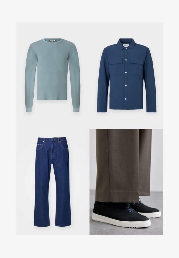 Tamsiai mėlyna striukė, pagaminta iš tekstūruotos medžiagos, su mygtukų užsegimu, dviem krūtinės kišenėmis ir apykakle. Su sidabriniais snap mygtukais.; Šviesiai mėlynas ilgomis rankovėmis marškinėliai su išausta tekstūra ir apvaliu iškirpimu. Turi prigludusias rankogalius ir paprastą prekės ženklą etiketę ant apykaklės.; Tamsiai mėlyni džinsai su tiesiu kirpimu, penkiomis kišenėmis ir subtiliais siuvinėjimais. Yra sagčių ir užtrauktukų uždarymas.; Juodi zomšiniai sportbačiai su baltais guminiais padais, su apvalia nosimi ir raišteliais, dėvimi su pilkais pritaikytais kelnais.