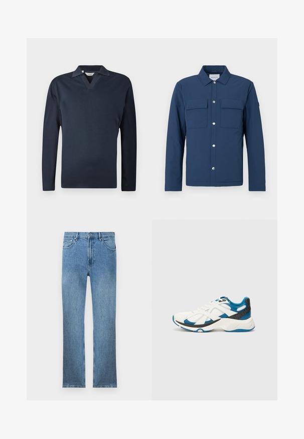Casaco azul-marinho feito de tecido texturizado, com fecho de botões, dois bolsos no peito e uma gola. Apresenta botões de pressão prateados.; Camisa polo de manga longa azul marinho com decote em V, feita de tecido suave. Apresenta uma gola contrastante e um design simples e limpo.; Calças de ganga de denim azul claro com corte reto, cinco bolsos, fecho de correr e costuras em contraste. O tecido tem um acabamento liso e texturizado.; Sapatilha branca com acentos azuis, parte superior em malha e sintético, calcanhar cinza texturizado, biqueira arredondada e sola branca almofadada.