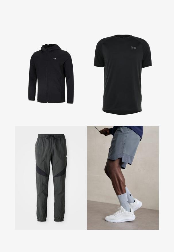 Melnā kapuce jaka, izgatavota no viegla auduma, ar pilnu priekšējo rāvējslēdzēju, garām piedurknēm un mazu logotipu kreisajā krūšu daļā.; Melnas īsām piedurknēm sporta krekls, izgatavots no gludas, vieglas auduma. Iespējamā apaļa apkakle un discrētu logo uz krūšu.; Vēja aizsargbikses tumši pelēkā neilona krāsā, ar melniem paneļiem, elastīgu jostu ar auklu un elastīgiem pēdu galiem.; Baltas sporta apavu pāris ar strukturētu acs virsu, apvienots ar gaiši zilo riboto zeķu pāri, kurā ir zīmols. Pelēki sporta šorti ar perforētu apdari.