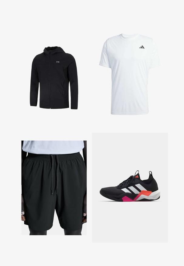 Must mustaga, mis on valmistatud kerge kanga kombineerimisest, täispika esihitiga, pikkade varrukatega ja väikese logoga vasakul rinnapiiril.; Valge lühikeste varrukatega sportlik t-särk, mis on valmistatud kergetest materjalidest ja millel on must Adidas'i logo vasakul rinnal.; Mustad mustikas kasutamiseks spordiks, millel on elastne vöökoht ja nöör. Omab siledat tekstuuri ning küljetaskuid, kohandatud mugavuse ja liikuvuse tagamiseks.; Mustaline spordijalats valgete triipudega, tekstureeritud ülemise osaga ja pehme tallaga, millel on oranžid, roosad ja valged aktsendid. Sidumisdisain koos tõmblukuga.