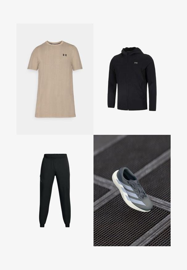 Melnā kapuce jaka, izgatavota no viegla auduma, ar pilnu priekšējo rāvējslēdzēju, garām piedurknēm un mazu logotipu kreisajā krūšu daļā.; Bežs īsām piedurknēm T-krekls, kas izgatavots no teksturēta auduma, ar apaļu kakla izgriezumu un mazu melnu logotipu augšējā kreisajā krūtī.; Melni sporta bikses ar elastīgu jostu, sašaurinātu kāju dizainu, sānu kabatām un kontrastējošām paneļu detaļām. Viegls, gluds audums.; Sporta apavi pelēkā un baltā krāsā, izgatavoti no sintētiska materiāla, ar plūstošu dizainu, teksturētu virsmu un izteiktu auklu sistēmu.