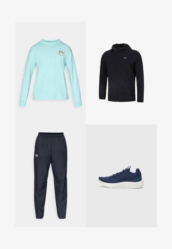 Juodas gobtuvėlis, pagamintas iš lengvos medžiagos, su visiškai užtraukiama priekyje, ilgomis rankovėmis ir mažu logotipu kairėje krūtinės pusėje.; Šviesiai mėlynas ilgomis rankovėmis marškinėlis, pagamintas iš medvilnės. Krūtinės srityje yra maža iliustruota veido atvaizdas su kepure; kairėje rankovėje yra teksto detalė.; Juodos sportinės kelnės su elastingu juosmeniu, siaurėjantys šonai ir balta logotipas šone. Pagamintos iš lengvos, patvarios medžiagos.; Jūros laivyno bėgimo bateliai su tekstūruotu trikotažo viršumi, baltu viduriu ir logotipo akcentu. Yra žemo profilio ir raištelių dizaino.