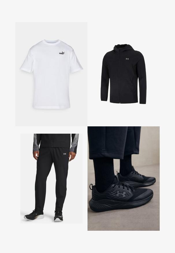 Schwarze Kapuzenjacke aus leichtem Material mit einem durchgehenden Reißverschluss, langen Ärmeln und einem kleinen Logo im linken Brustbereich.; Weißes Baumwoll-T-Shirt mit kurzen Ärmeln, mit einem schwarzen Puma-Logo auf der linken Brust. Runder Halsausschnitt, normale Passform, glatte Textur.; Schwarze Sporthosen aus leichtem Material, mit einem taillierten Design und einem elastischen Bund. Mit einem kleinen Logo auf der Vorderseite akzentuiert.; Person in schwarzen Sport Sneakers mit strukturierten Seiten und Logo, kombiniert mit schwarzen Socken und kürzeren Hosen auf einem hellen Boden.