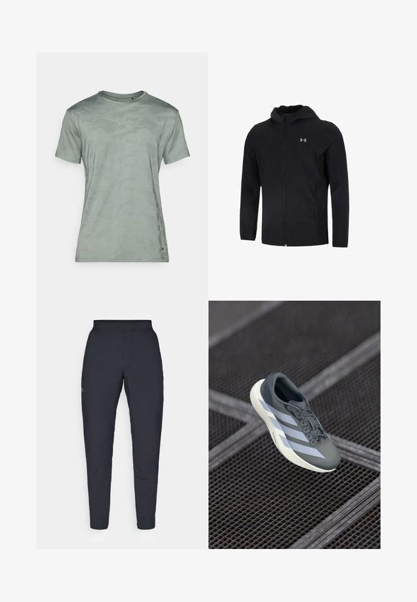 Czarna kurtka z kapturem wykonana z lekkiego materiału, z pełnym zamkiem z przodu, długimi rękawami i małym logo na lewej stronie klatki piersiowej.; Jasnozielona koszulka z krótkim rękawem, z delikatnym wzorem kamuflażu, okrągłym dekoltem oraz gładką teksturą, bez widocznych detali i akcesoriów.; Czarne spodnie sportowe o gładkiej fakturze, dopasowanym kroju, elastycznej talii i bocznych kieszeniach. Posiadają małe logo na lewym udzie.; Buty sportowe w kolorze szarym i białym, wykonane z materiałów syntetycznych, o smukłej konstrukcji, teksturowanym wykończeniu oraz wyraźnym systemie sznurowania.