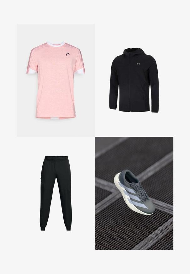 Black hooded jacket made of lightweight fabric featuring a full front zipper, long sleeves, and a small logo on the left chest area.; Light pink short-sleeve T-shirt made from a textured fabric. Features a white round neckline and black logo on the chest.; Black athletic pants with an elastic waistband, tapered leg design, side pockets, and contrasting panel details. Lightweight, smooth fabric.; Sport shoe in gray and white, made of synthetic material, with a streamlined design, textured finish, and prominent lacing system.