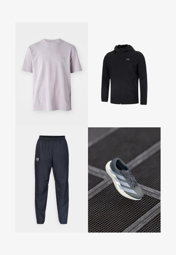 Sort hættetrøje lavet af letvægtsstof med en fuld frontlynlås, lange ærmer og et lille logo på venstre brystområde.; Kortærmet lavendel bomulds T-shirt med runde halsudskæring og et subtilt logo på brystet. Glat tekstur, afslappet pasform.; Sorte sportbukser med elastisk talje, tapered ben og et hvidt logo på siden. Fremstillet af letvægts, holdbart stof.; Sportssko i grå og hvid, lavet af syntetisk materiale, med et strømlinet design, tekstureret overflade og fremtrædende snøresystem.