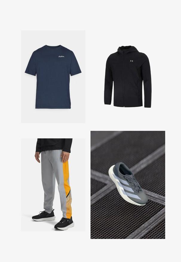 Juodas gobtuvėlis, pagamintas iš lengvos medžiagos, su visiškai užtraukiama priekyje, ilgomis rankovėmis ir mažu logotipu kairėje krūtinės pusėje.; Tamsiai mėlyna medvilninė marškinėliai trumpomis rankovėmis. Funkcijoje yra mažas baltas siuvinėtų logotipas kairėje krūtinės pusėje. Apvalus iškirpimas.; Pilki sportiniai kelnių modeliai turi oranžinį šoninį panelį su vertikaliomis linijomis ir juodais akcentais. Pora su juodais sportiniais bateliais prieš neutralią foną.; Sportiniai batai pilkos ir baltos spalvos, pagaminti iš sintetinės medžiagos, su srauniu dizainu, tekstūruota danga ir ryškiu raištelių sistemu.