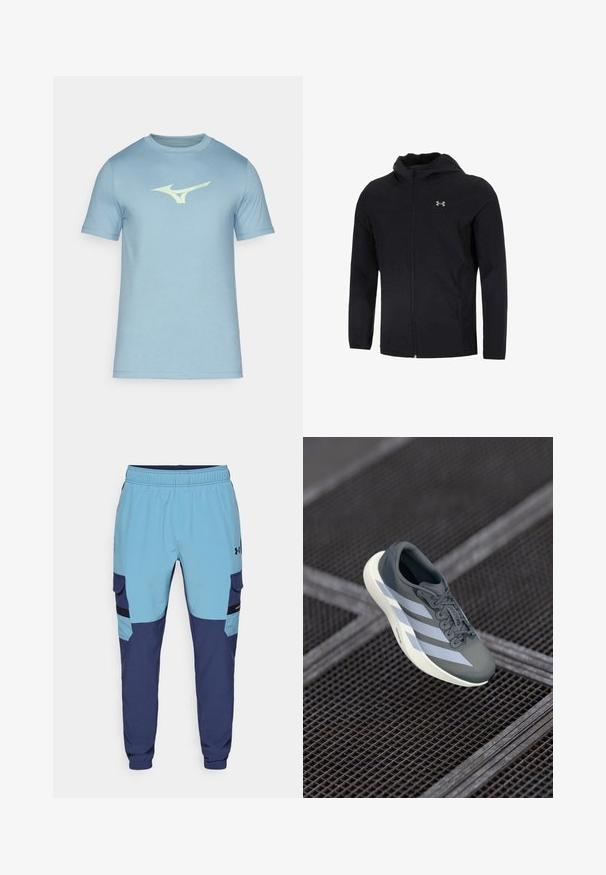 Černá kapucňová bunda vyrobená z lehkého materiálu, která má full zip vpředu, dlouhé rukávy a malé logo na levé straně hrudi.; Světle modré tričko vyrobené z měkké látky, s malým bledě žlutým logem na hrudi. Krátké rukávy a kulatý výstřih.; Modré a námořnické tepláky s elastickým pasem, bočními kapsami a detaily v cargo stylu. Vyrobeno z měkké, prodyšné tkaniny.; Sportovní obuv v šedé a bílé barvě, vyrobená z syntetického materiálu, s aerodynamickým designem, texturovaným povrchem a výrazným systémem šněrování.