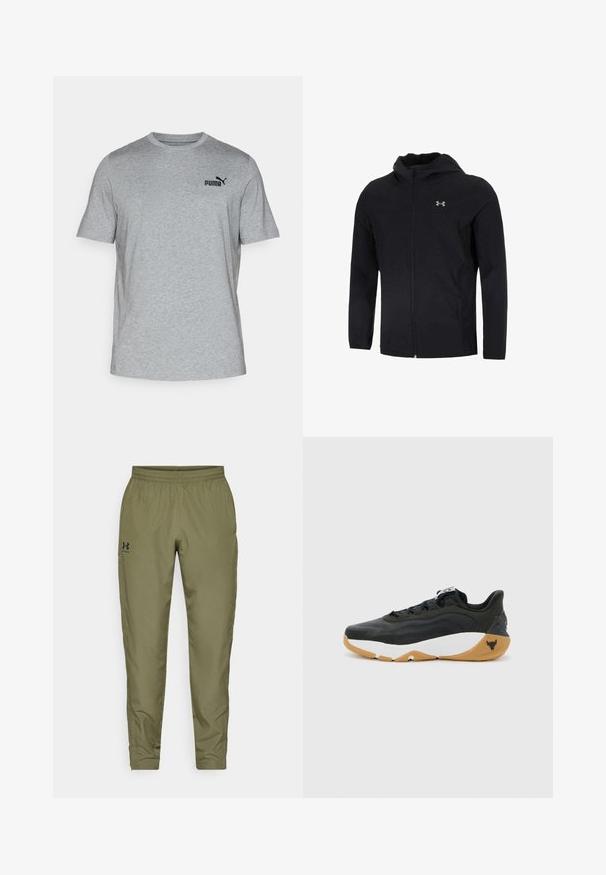 Sort hættetrøje lavet af letvægtsstof med en fuld frontlynlås, lange ærmer og et lille logo på venstre brystområde.; Grå kortærmet t-shirt lavet af blødt stof, med rund udskæring og et lille sort Puma-logo på brystet.; Olivenfarvede træningsbukser med elastisk talje, tapered ben, en glat tekstur og et lille sort logo på venstre side.; Under Armour PROJECT ROCK 8 - Træningssko - black/white