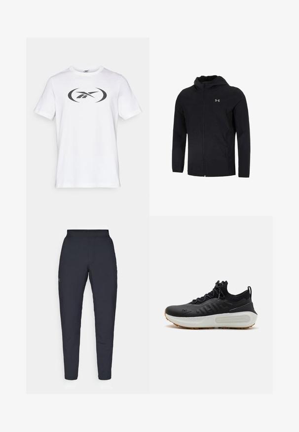 Černá kapucňová bunda vyrobená z lehkého materiálu, která má full zip vpředu, dlouhé rukávy a malé logo na levé straně hrudi.; Bílá bavlněná tričko s krátkým rukávem, s velkým černým logem na přední straně. Kulatý výstřih a standardní střih.; Černé sportovní kalhoty s hladkou texturou, slim fit, elastickým pasem a bočními kapsami. Na levém stehně je umístěno malé logo.; Černá sportovní bota s texturovaným svrškem, límcem připomínajícím ponožku, šedými tkaničkami a bílou mezipodešví s vzorovaným designem a gumovou podešví.