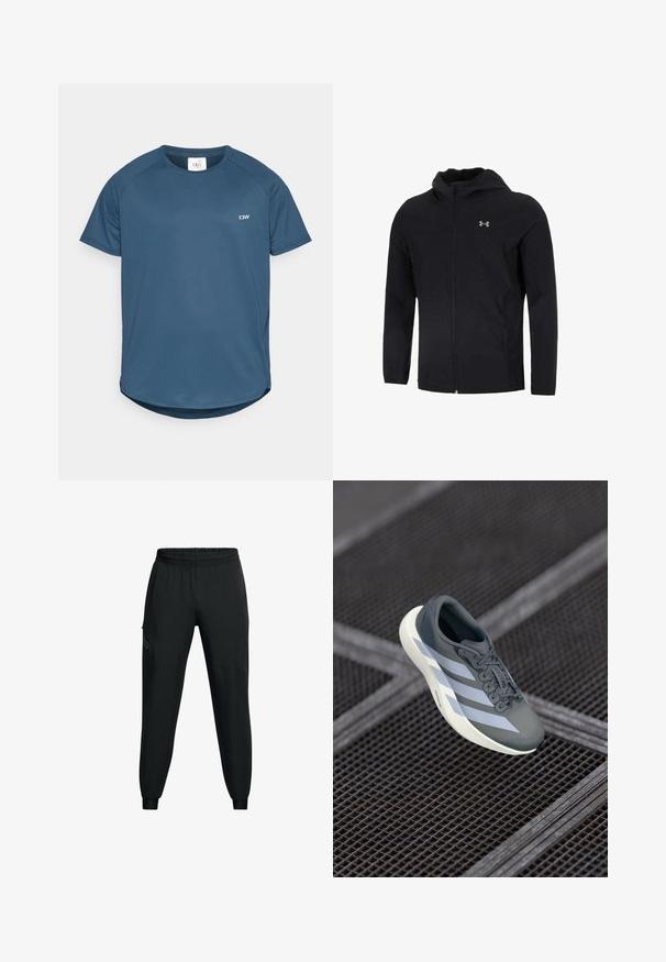 Černá kapucňová bunda vyrobená z lehkého materiálu, která má full zip vpředu, dlouhé rukávy a malé logo na levé straně hrudi.; Tmavě modré sportovní tričko s krátkým rukávem z texturované tkaniny, s kulatým výstřihem a zaobleným lemem. Má malé logo na hrudi.; Černé sportovní kalhoty s elastickým pasem, zúženým střihem nohavic, bočními kapsami a kontrastními panely. Lehce, hladká látka.; Sportovní obuv v šedé a bílé barvě, vyrobená z syntetického materiálu, s aerodynamickým designem, texturovaným povrchem a výrazným systémem šněrování.