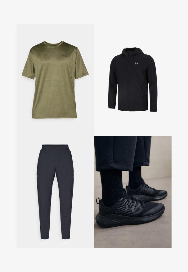 Black hooded jacket made of lightweight fabric featuring a full front zipper, long sleeves, and a small logo on the left chest area.; Olive green short-sleeve T-shirt with a round neckline, featuring a subtle heathered texture and a black logo on the chest.; Black athletic pants with a smooth texture, slim fit, elastic waistband, and side pockets. Features a small logo on the left thigh.; Person wearing black athletic sneakers with textured sides and logo, paired with black socks and cropped pants on a light floor.